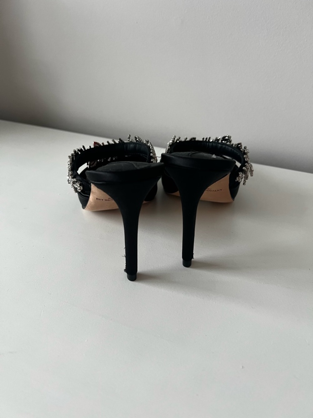ANTONIO MELANI Black Satin Pointed Toe Heels with Crystal-Embellished Strap - Picture 6 of 10